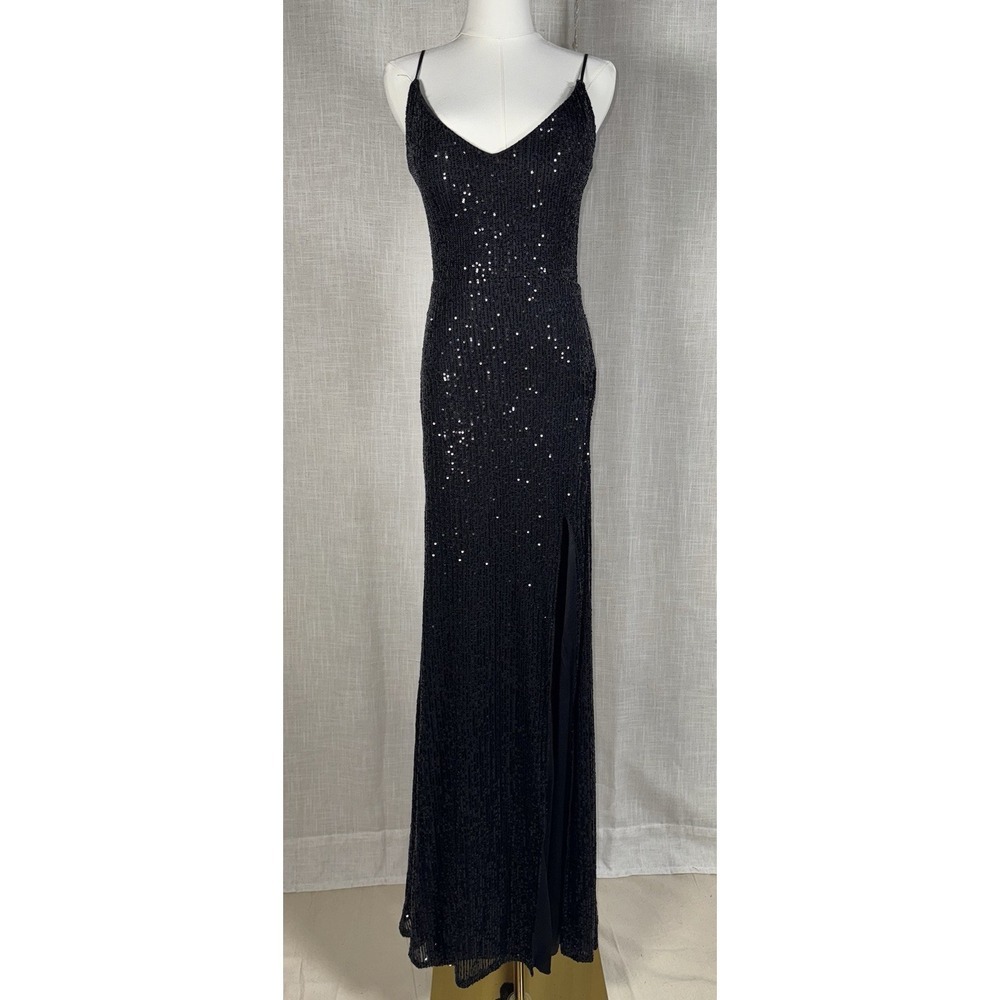 B Smart Sz 9 Black Sequin Maxi Dress High Slit V-Neck Spaghetti Strap Prom Gown